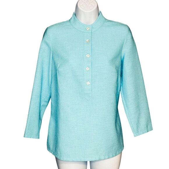 Mary G Palm Beach Suzanne Travel Blouse Linen Look Aqua Blue Button Tunic Small - Picture 2 of 7